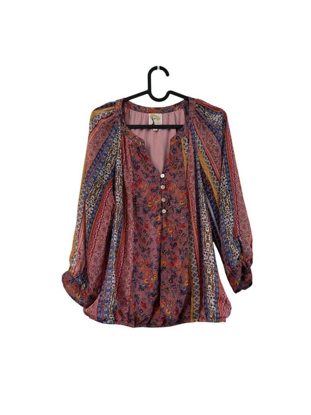 Fig & Flower Multicolor Floral Boho Long Sleeve Peasant Blouse Womens Medium